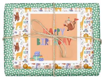 4x Kinder-Geschenkpapier Geburtstag (für Mädchen und Jungen): Happy Birthday / Tiere, Recyclingpapier, klimaneutral