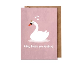 Birth Card: Swan (Baby Girl, Pink) | Recycled paper