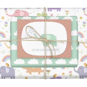 Geschenkpapier Kinder / Elefanten: 4x Bögen + 1x Karte (öko, Recycling-Papier, für Mädchen + Junge)