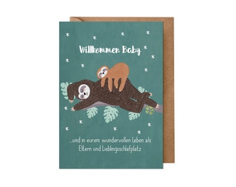 Birth Card: Sloth (baby, boy, girl, unisex, green | Recycled paper