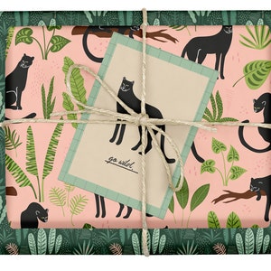 Veganes Geschenkpapier Set "Panther/Tropisch": 4x Bögen + 1x Grußkarte (vegan Geschenk, Veganer, Geschenkset, Recyclingpapier, Blauer Engel)