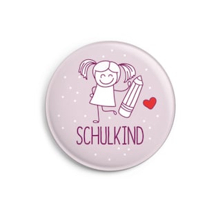 Button: Schulkind (Mädchen) mit Karte | Geschenk zur Einschulung