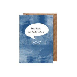Karte zur Konfirmation: Papierboot (Jungen, blau, Hand lettering, Aquarell) | Recyclingpapier