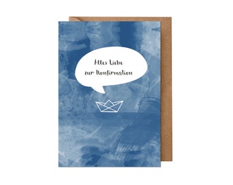 Confirmation Card: Paper Boat (Boys, Blue, Hand Lettering, Watercolor) | Recycled paper