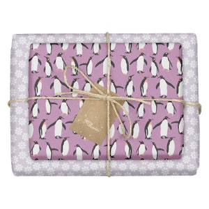 Carta da regalo natalizia / pinguini, viola: 4 fogli + 4 etichette (ecologica, fiocchi di neve bianchi, per bambini + adulti)