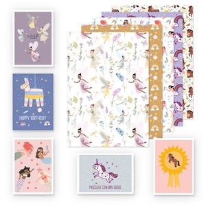 Geschenkpapier Kinder-Set: 5 Bögen + 5 Karten - Pferde Einhorn Lama Meerjungfrau Fee (Mädchen, Geburtstag, rosa, nachhaltig Öko-Recycling)