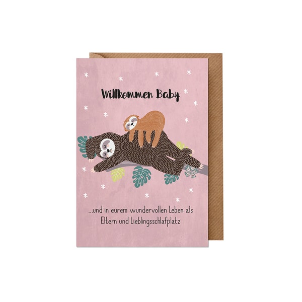 Birth Card: Sloth (Baby, Girl, Pink) | Recycled paper