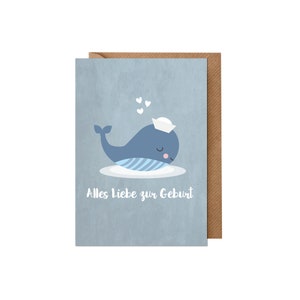 Karte zur Geburt: Wal (Baby Junge, blau) | Recyclingpapier