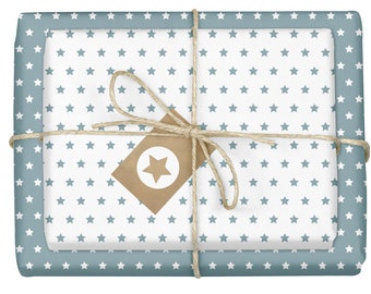 Gift Wrapping Star, Grey Blue-White: Set of 4 Bows + 4 Gift Tags (Recycled, Sustainable, Blue, Christmas, Baby Boy, Birthday)