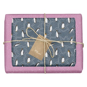 Carta da regalo natalizia / pinguini, nero, viola - 4 fogli + 4 etichette (ecologica, ecologica, per bambini + adulti)