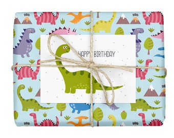 Papier cadeau Dino / dinosaure pour les enfants, set: 4 feuilles + 1 carte anniversaire (garçons, bébés, inscription scolaire, recyclage, durable, éco)