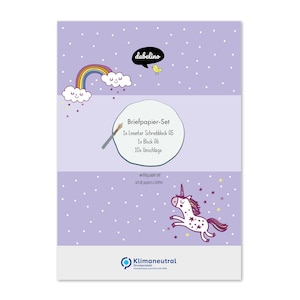 Einhorn-Kinder-Briefpapier-Set für Mädchen/ Jungen: DIN A5 liniert, mit 10 Umschlägen + Malblock, inkl. Briefpapier-Mappe