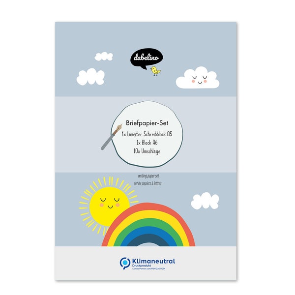 Regenbogen-Briefpapier-Set für Kinder: A5 Schreibblock liniert, 10 Umschläge, A6 Malblock (inkl. Briefpapier-Mappe) | Jungen, Mädchen, bunt