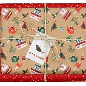 4x Carta da regalo natalizia (rossa, verde, marrone, decorazioni moderne) + etichette (pettirossi, pois, carta riciclata, bicolore, fiocco)