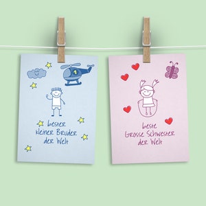 Little brother Big sister greeting card set for birth eco, recycled paper image 1