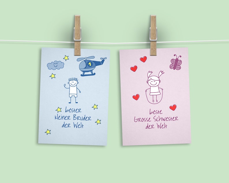 Little brother Big sister greeting card set for birth eco, recycled paper image 1