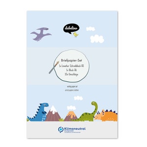 Dinosaurier-Kinder-Briefpapier-Set für Jungen/ Mädchen: DIN A5 liniert, mit 10 Umschlägen + Dino-Malblock, inkl. Briefpapier-Mappe