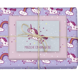 4x Einhorn-Geschenkpapier-Bogen + 1 Karte