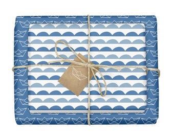 4x wrapping paper: paper boats for birth, baptism, communion, confirmation (blue, white) - incl. 4x gift tags | two-tone, bow