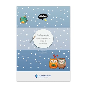 Set di cancelleria gufo per bambini: A5 a righe, 10 buste, 1 blocco da disegno con cartellina portadocumenti (per bambine, bambini e scrittori principianti, blu)