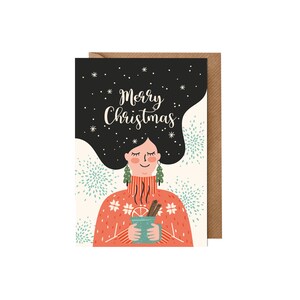 Weihnachtskarte Freundin/ Frau (schwarze Haare, nachhaltig, Design Karte Weihnachten mit Umschlag, Kraftpapier, modern, handlettering)