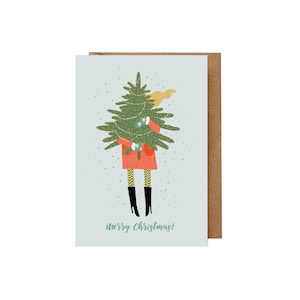 Christmas card girlfriend: woman with Christmas tree/fir tree sustainable, design Christmas card with kraft paper envelope, handlettering image 1