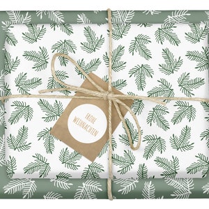 Carta da regalo Natale / rami di abete, verde bianco: 4x fogli + 4x etichette (carta riciclata, eco, ecologica, moderna, adulti)