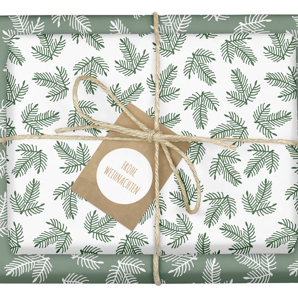 Geschenkpapier Weihnachten / Tannenzweige, grün weiß: 4x Bögen +  4x Anhänger (Recyclingpapier, öko, umweltfreundlich, modern, Erwachsene)