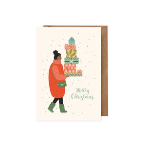 Weihnachtskarte Freundin: Schwarze Frau mit Geschenken (BIPoC, Diversität, nachhaltig, Design Karte Weihnachten mit Kraftpapier-Umschlag)