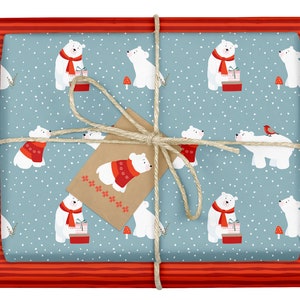 4x Carta da regalo natalizia per bambini (orso polare, rosso, blu) + etichette (eco, carta riciclata, bicolore, fiocco)