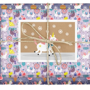 Geschenkpapier Set Weihnachten Kinder: Einhorn, Lama, Faultier - 4x Bögen + 1x Weihnachtskarte (nachhaltiges Recyclingpapier, lila, rosa)