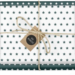 4x Gift wrapping paper Christmas green white pendant: stars, eco, recycled paper image 1