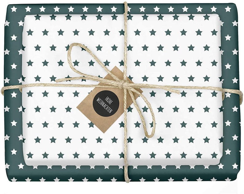 4x Gift wrapping paper Christmas green white pendant: stars, eco, recycled paper image 1