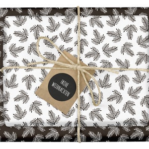4x Carta regalo natalizia bianco e nero + etichette: rami albero di Natale/carta ecoriciclata/bicolore/fogli singoli/