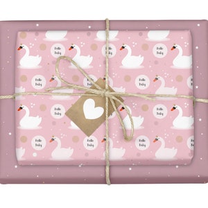 4x carta da regalo: bambina/cigno (per nascita, rosa) - etichetta regalo inclusa | Eco, carta riciclata, bicolore, foglio