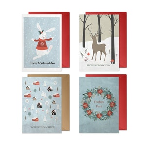 Weihnachtskarten Set: 4 Stück (Schneehase, Elch, skandinavische Häuser, Weihnachtskranz) | Recyclingpapier, Vintage, mit Umschlag