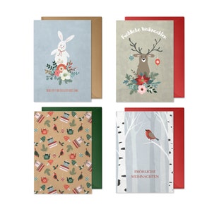 Weihnachtskarten Set: 4 Stück (Schneehase, lustiger Elch, Muster, Rotkehlchen) | Recyclingpapier, Vintage, mit Umschlag