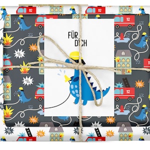 4x Kinder-Geschenkpapier: Feuerwehr (für Junge, Mädchen, zum Geburtstag, Einschulung, Recycling)