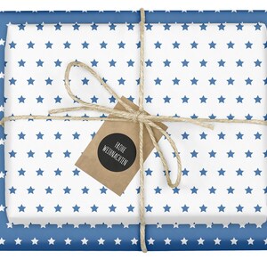 4x Carta da regalo natalizia (blu, bianca, stelle) + etichette (eco, carta riciclata, bicolore, fiocco)