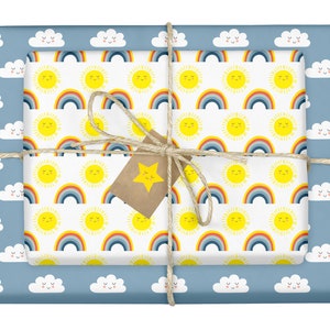 4x carta da regalo arcobaleno/nuvole + etichette regalo (bambini, ragazze, ragazzi, neonati per nascita, compleanno)