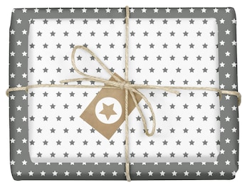 Wrapping paper stars, grey-white: set of 4 sheets + 4 gift tags (recycled, sustainable, Christmas, birthday, elegant, modern, designer)