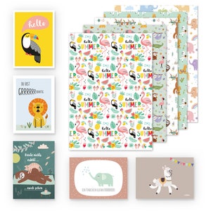 Geschenkpapier Kinder-Set: 5 Bögen + 5 Karten Tropisch Dschungel Faultier Lama Elefanten (Jungen, Mädchen, Geburtstag, nachhaltig Recycling)