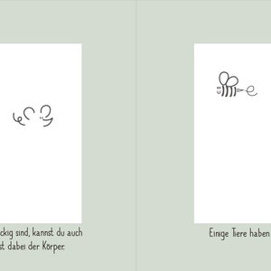May include: A black and white illustration of a cat with a paw print on its head. The text "A" is above the cat and the text "653" is to the right of the cat. The text "Und wenn deine Finger vom Handabdruck schon mal dreckig sind, kannst du auch gleich noch ein paar Tiere stempeln, den Fingerabdruck ist dabei der K&ouml;rper" is at the bottom of the image.