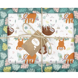 4 fogli di carta da regalo per bradipo + 4 etichette regalo