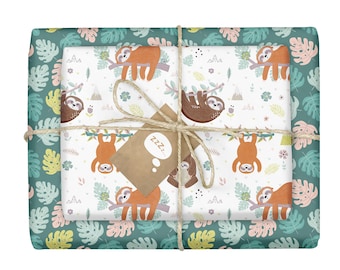 4x Sloth Wrapping Paper Sheets + 4x Gift Tags