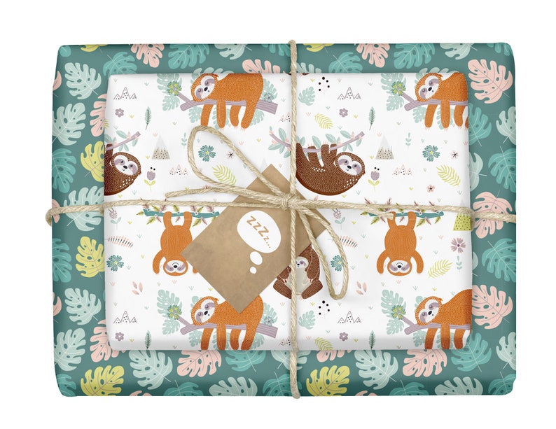 4x sloth wrapping paper sheets + 4x gift tags image 1
