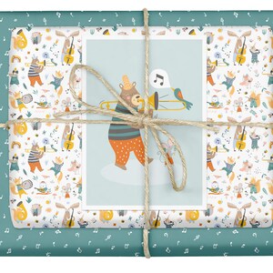 4x Kinder-Geschenkpapier Set Musik-Instrumente/ Noten mit witzigen Tieren | Geburtstag, Einschulung, Weihnachten, Recyclingpapier