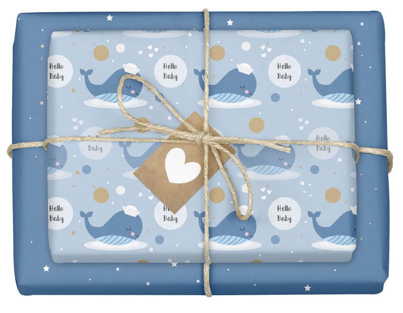 4x wrapping paper: baby boy / whale for birth, blue incl. gift tag Eco, recycled paper, two-tone, sheet image 1