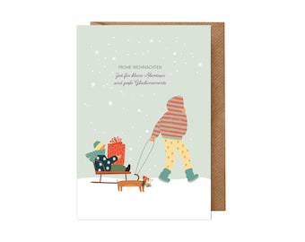 Christmas Card Child: Boy on Sleigh + Dog/ Dachshund (Sustainable Modern Animals Design, Card Christmas with Envelope, Saying in german)