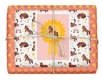 4x Children's Gift Wrap: Horses (girls, red, pink, for birthday, school enrollment, eco-recycled paper sustainable, set including card)
